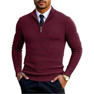 Men Slim Fit Quarter Zip Pullover Sweater, Knit Mock Neck Polo Dark Red Sweater